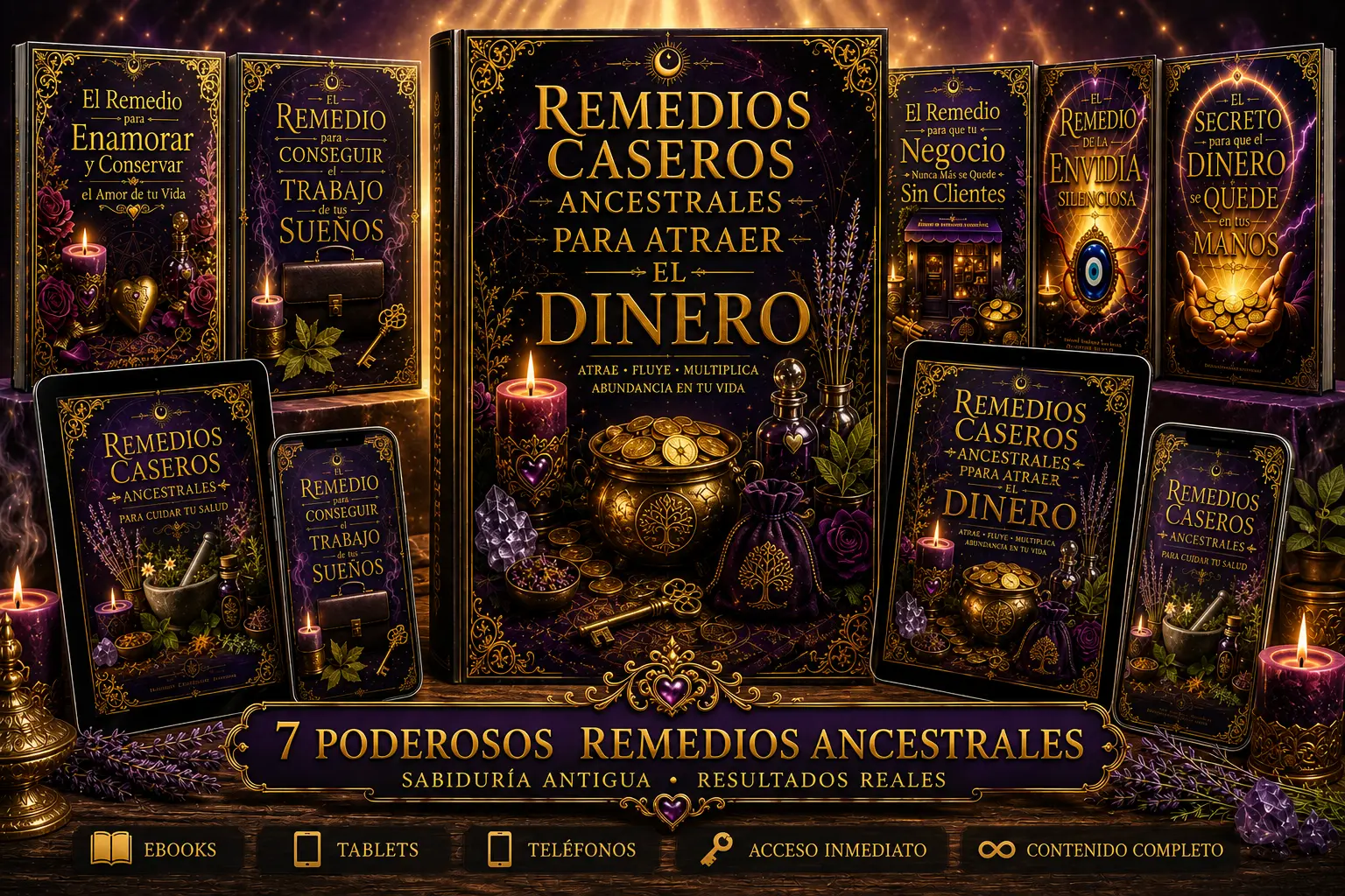 Mockup del producto principal y todos los bonos en ebook, celular y tablet