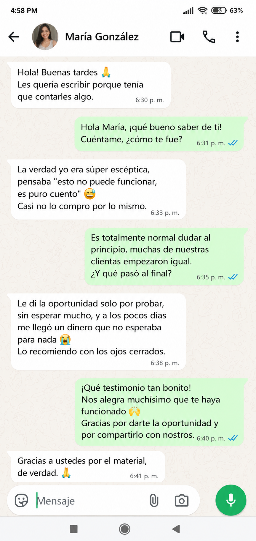 Testimonio real de cliente 3 por WhatsApp